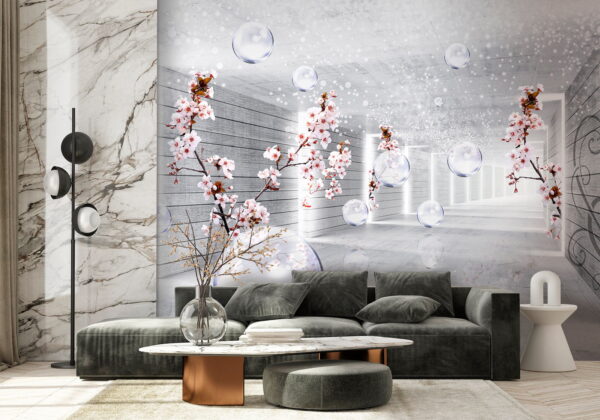 Chambre blanche avec fleurs et bulles Chambre blanche avec fleurs et bulles