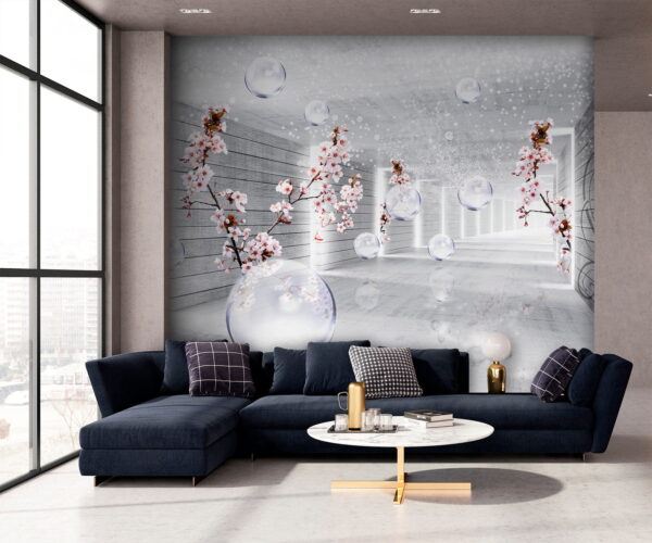 Chambre blanche avec fleurs et bulles Chambre blanche avec fleurs et bulles