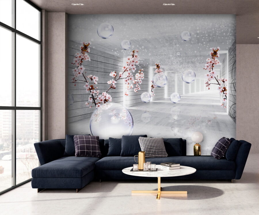 Chambre blanche avec fleurs et bulles Chambre blanche avec fleurs et bulles