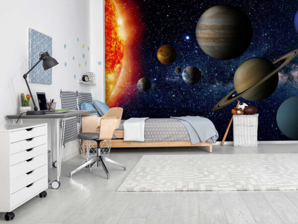 Planètes dans l'espace avec des étoiles et une étoile brillante Planètes dans l'espace avec des étoiles et une étoile brillante