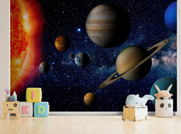 Planètes dans l'espace avec des étoiles et une étoile brillante Planètes dans l'espace avec des étoiles et une étoile brillante