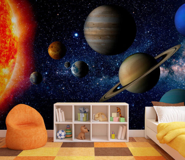 Planètes dans l'espace avec des étoiles et une étoile brillante Planètes dans l'espace avec des étoiles et une étoile brillante