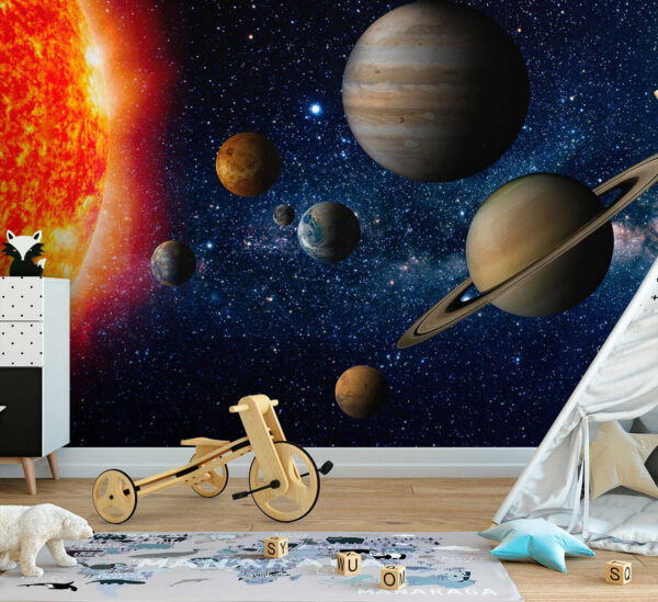 Planètes dans l'espace avec des étoiles et une étoile brillante Planètes dans l'espace avec des étoiles et une étoile brillante