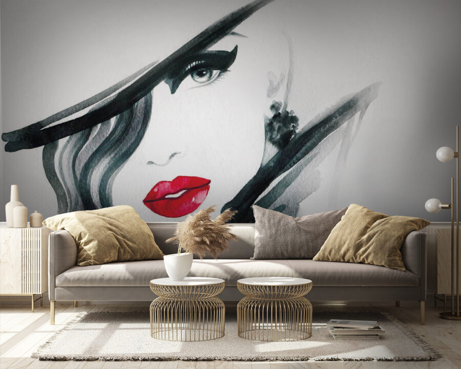Femme aux lèvres rouges et au chapeau noir