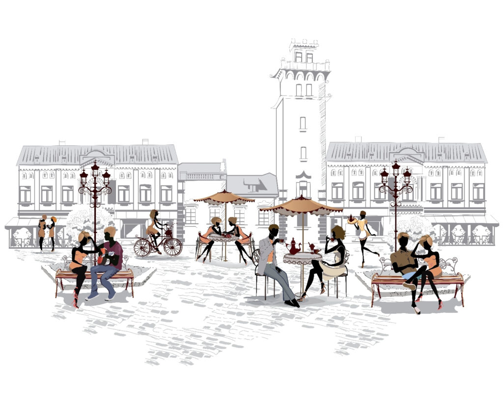 Groupe de personnes assises sur des bancs dans une ville Groupe de personnes assises sur des bancs dans une ville