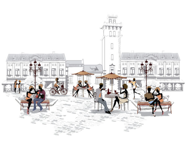 Groupe de personnes assises sur des bancs dans une ville Groupe de personnes assises sur des bancs dans une ville