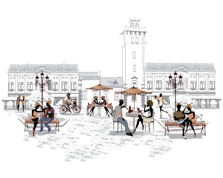 Groupe de personnes assises sur des bancs dans une ville
