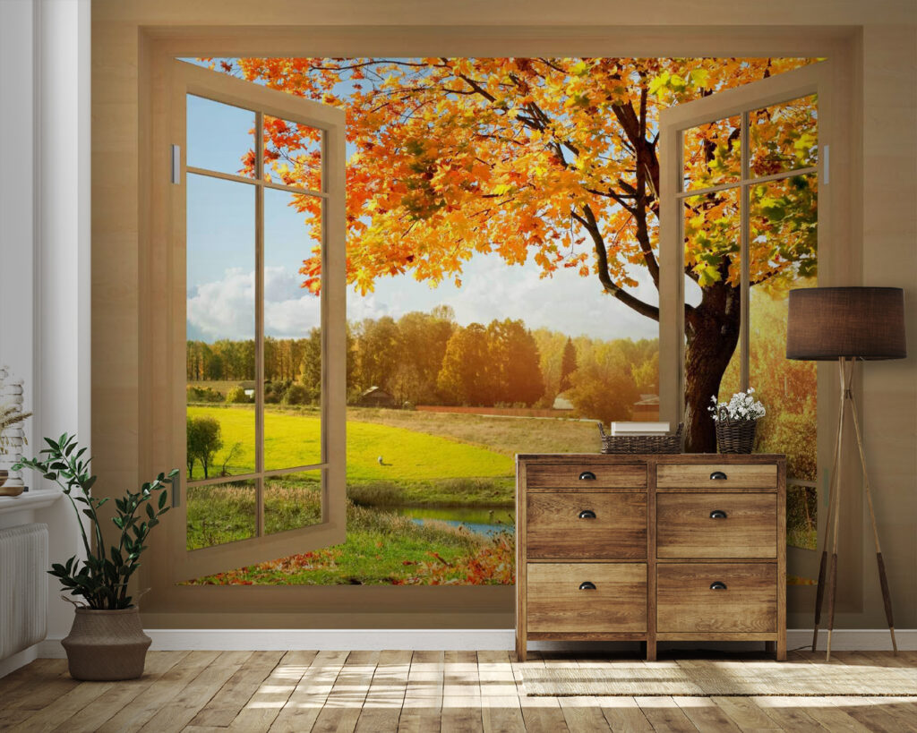 Window with trees and a river Window with trees and a river