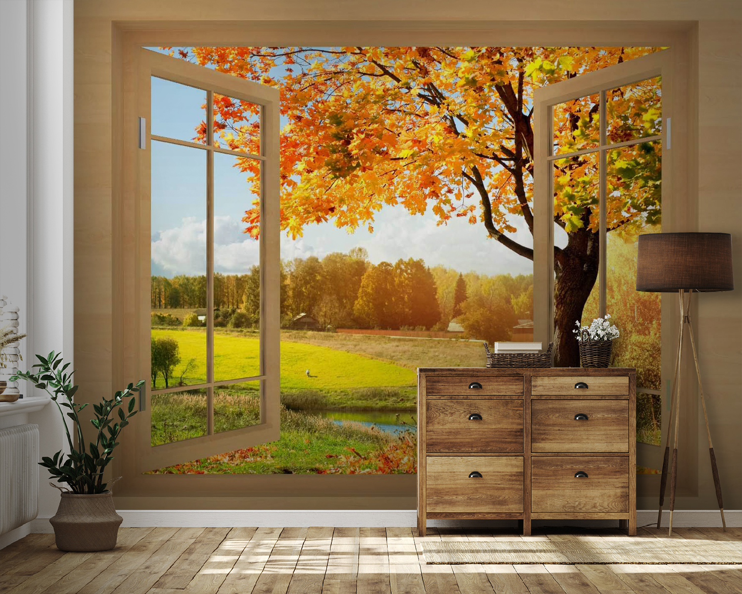 Window with trees and a river Window with trees and a river