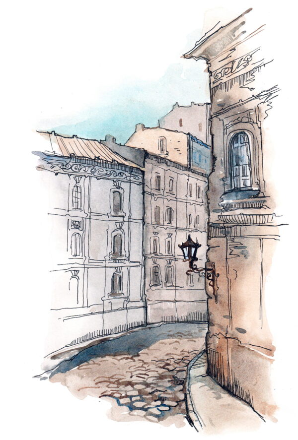 Dessin d'une rue avec des bâtiments Dessin d'une rue avec des bâtiments