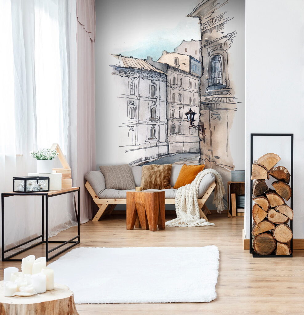 Drawing of a street with buildings