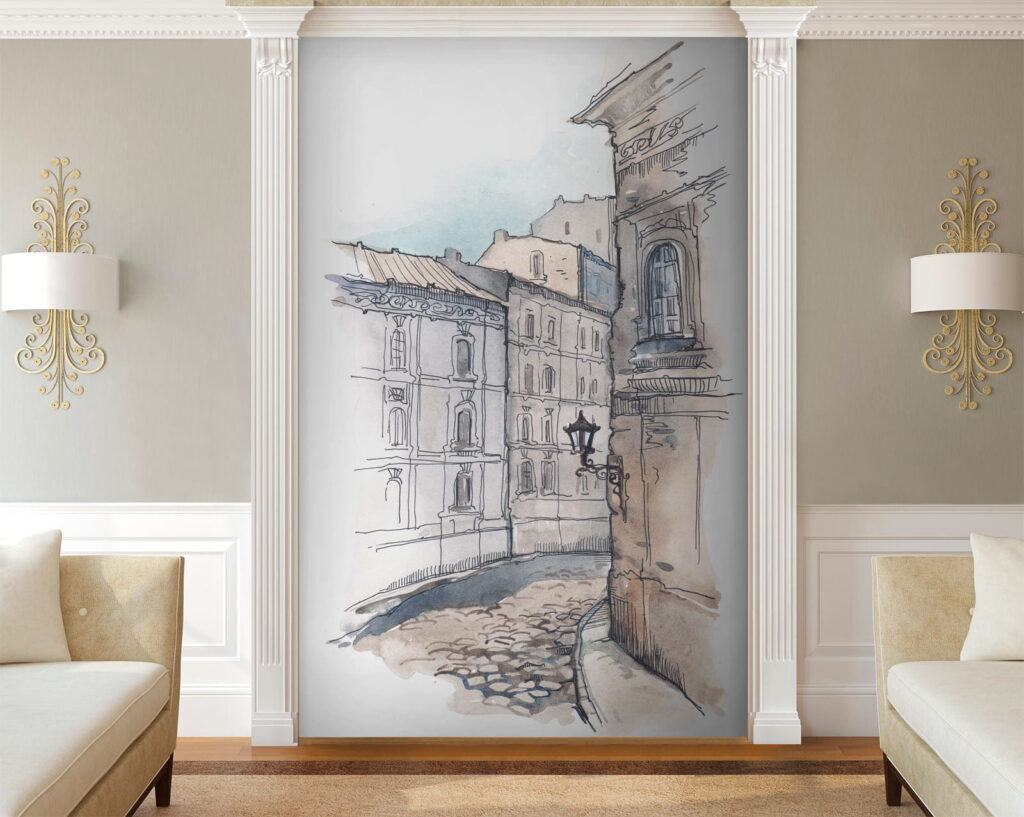 Drawing of a street with buildings