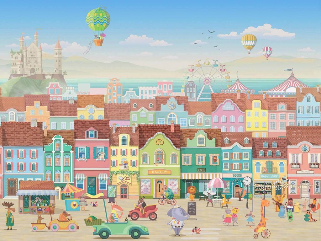 Ville de dessins animés avec de nombreux bâtiments et une grande roue Ville de dessins animés avec de nombreux bâtiments et une grande roue