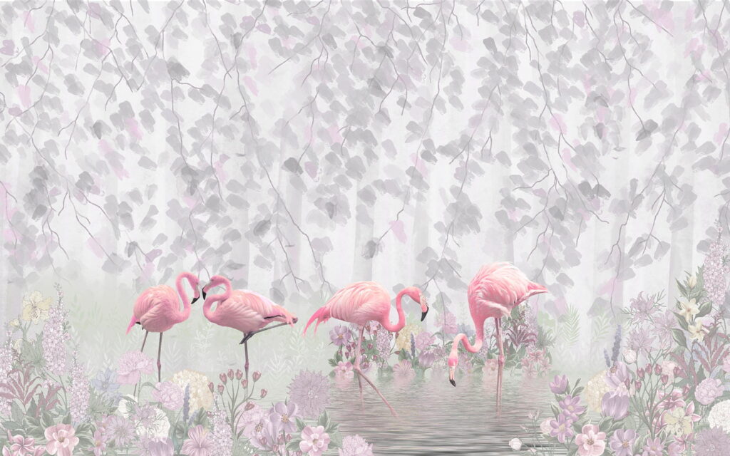 Groupe de flamants roses dans un étang avec des fleurs Groupe de flamants roses dans un étang avec des fleurs