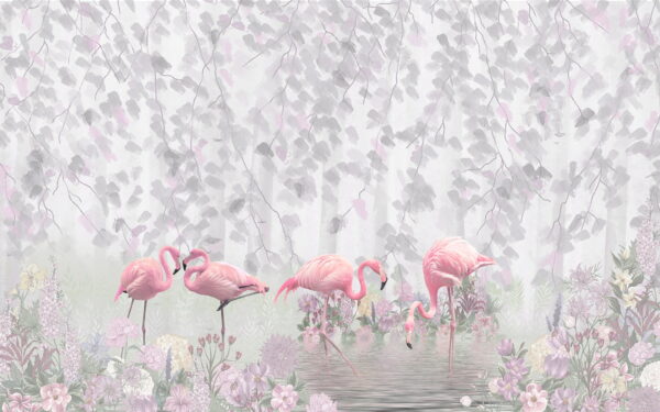 Groupe de flamants roses dans un étang avec des fleurs Groupe de flamants roses dans un étang avec des fleurs