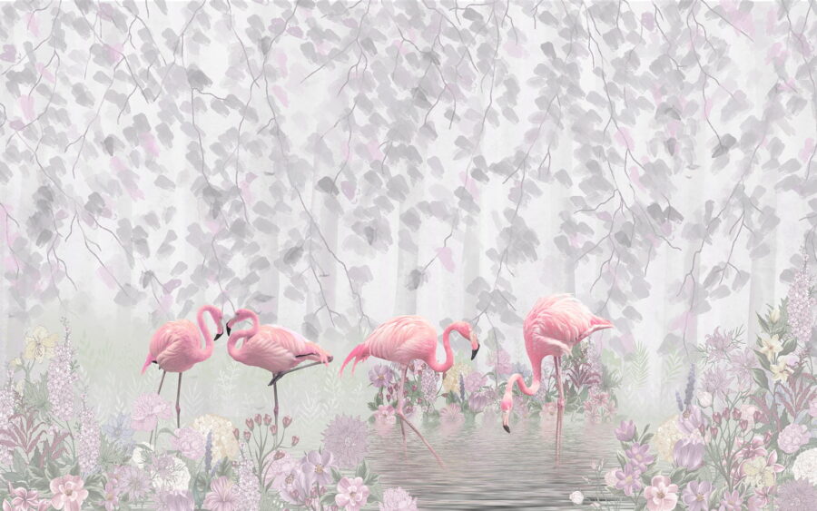 Groupe de flamants roses dans un étang avec des fleurs