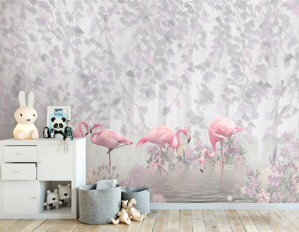 Groupe de flamants roses dans un étang avec des fleurs Groupe de flamants roses dans un étang avec des fleurs