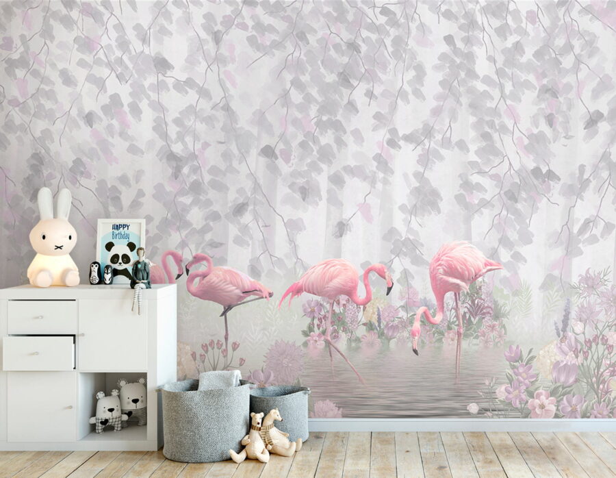 Groupe de flamants roses dans un étang avec des fleurs