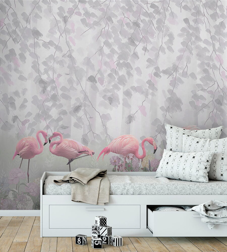 Groupe de flamants roses dans un étang avec des fleurs