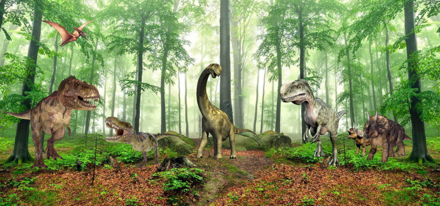 Groupe de dinosaures dans une forêt