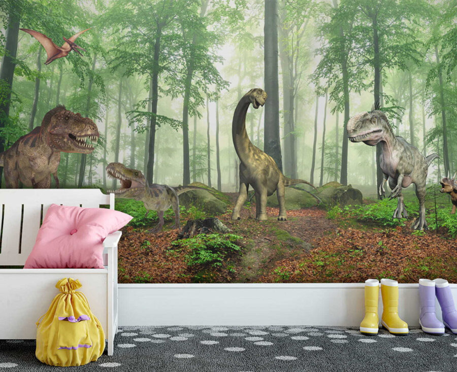 Groupe de dinosaures dans une forêt