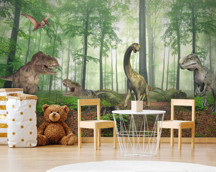 Groupe de dinosaures dans une forêt