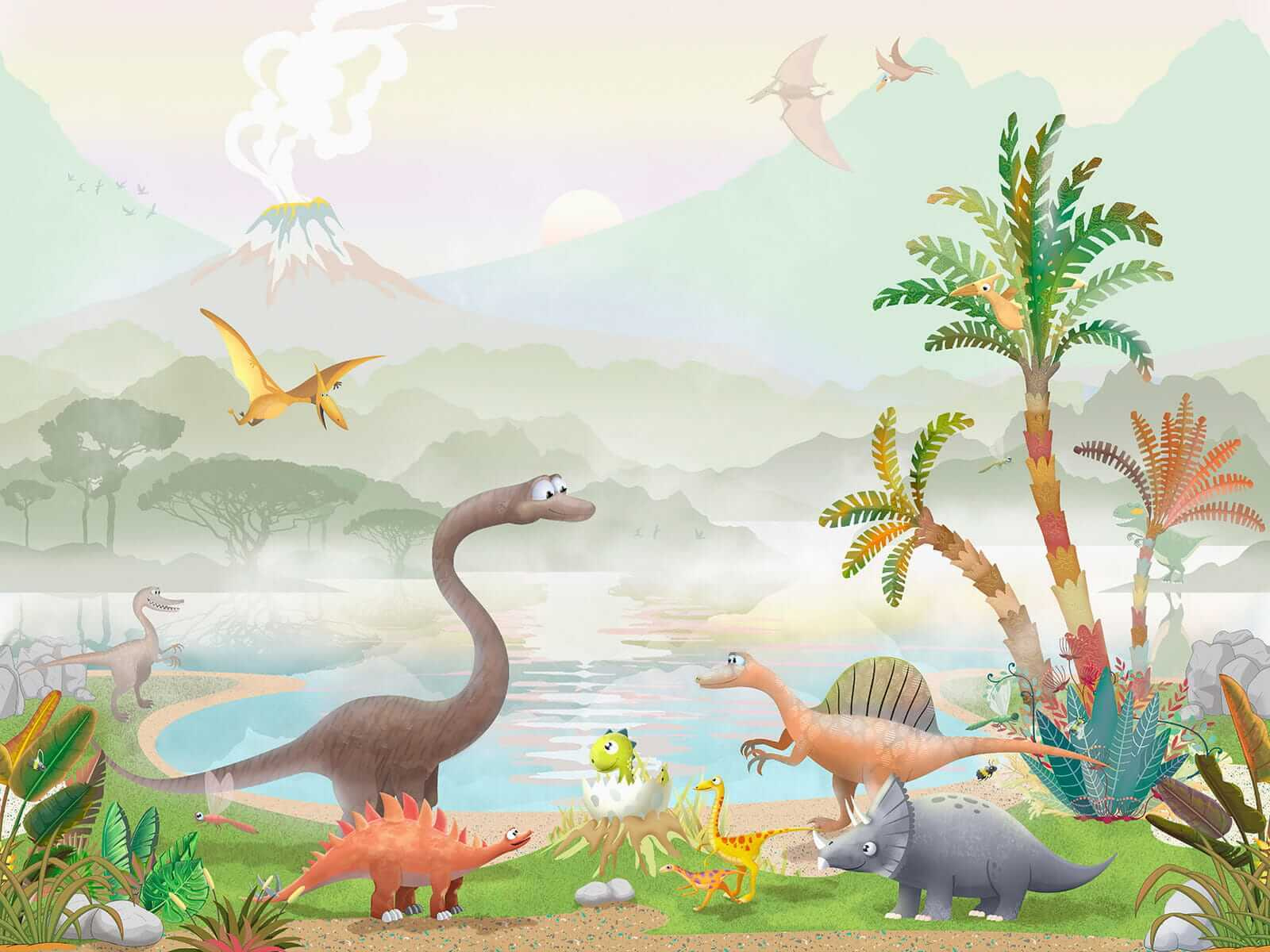 Group of dinosaurs near a lake