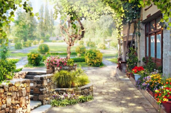 Allée en pierre avec un arbre et des fleurs Allée en pierre avec un arbre et des fleurs