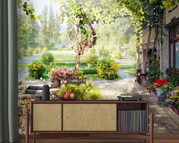 Allée en pierre avec un arbre et des fleurs Allée en pierre avec un arbre et des fleurs