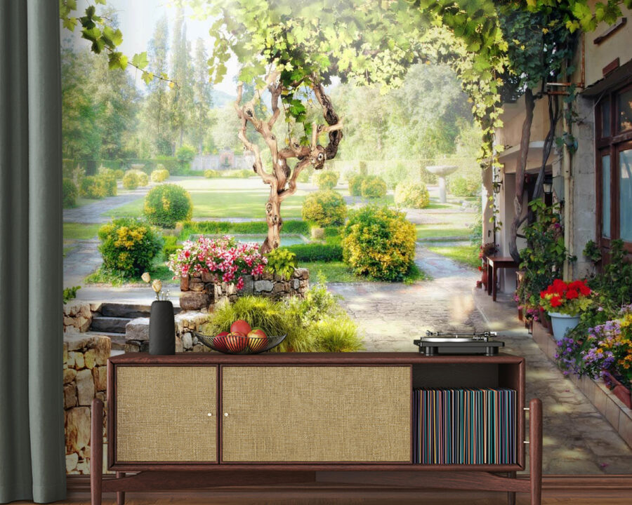 Allée en pierre avec un arbre et des fleurs
