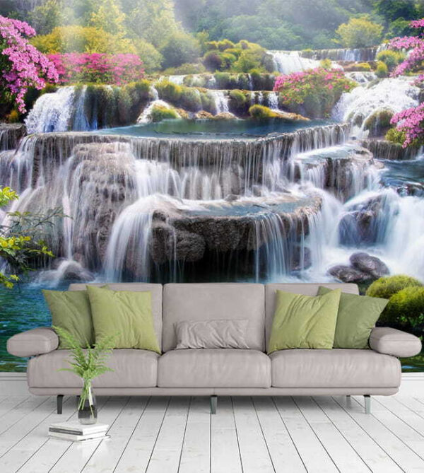 Cascade avec fleurs et arbres Cascade avec fleurs et arbres
