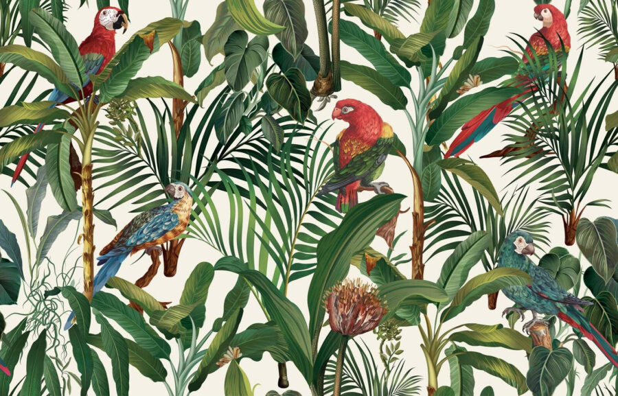 Papier peint avec des oiseaux et des plantes