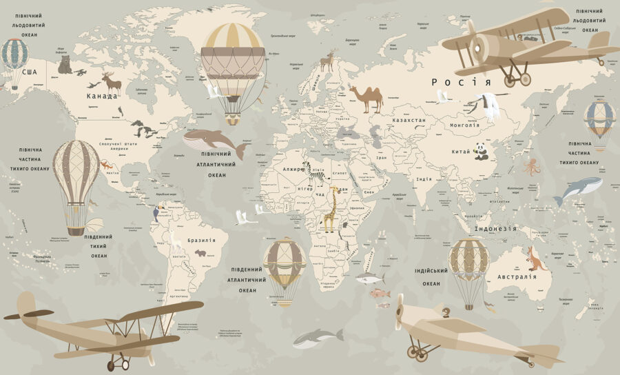 Carte du monde avec avions et animaux