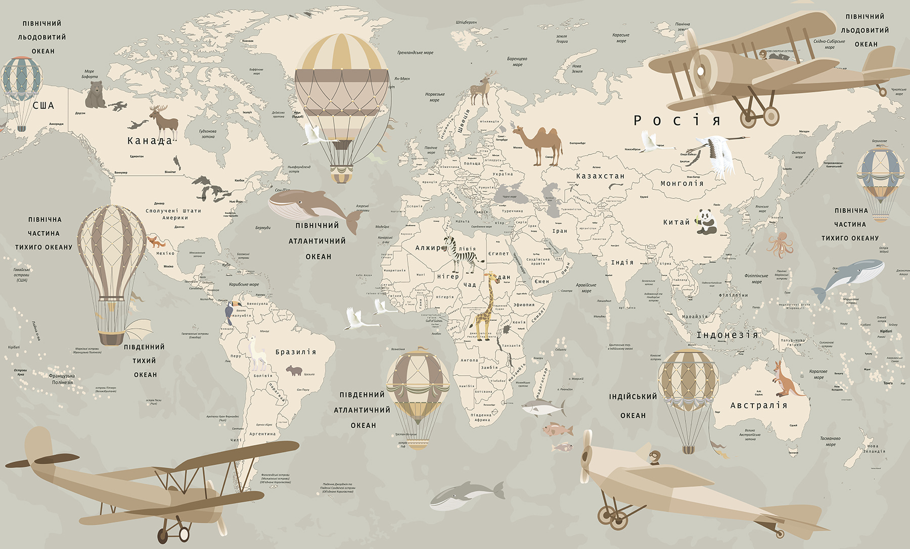 Map of the world with airplanes and animals Map of the world with airplanes and animals