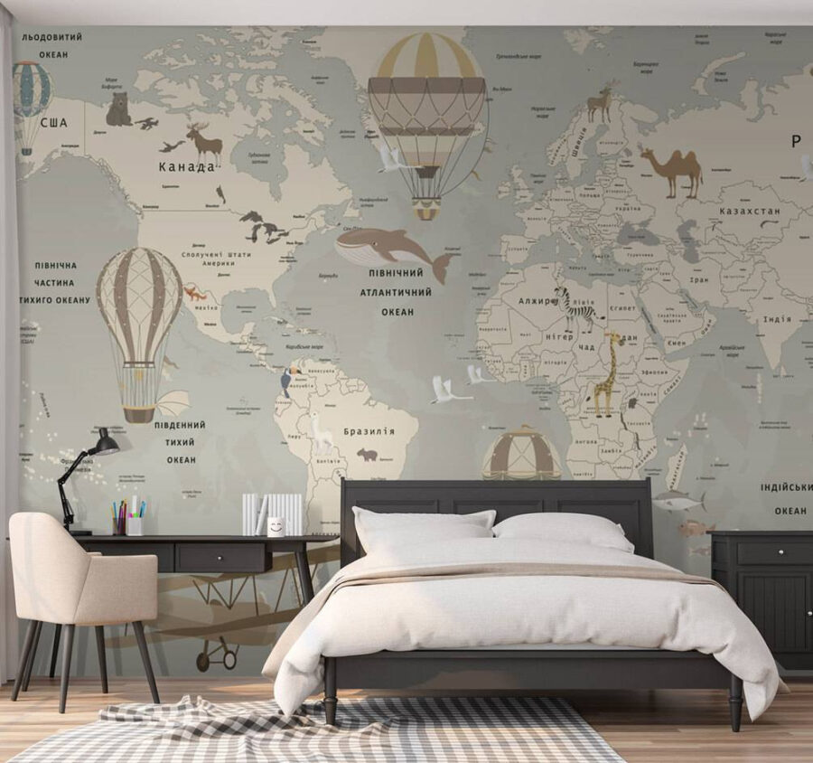 Carte du monde avec avions et animaux