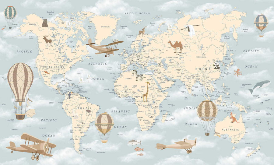 Papier peint Carte du monde avec différents animaux et oiseaux – Image 12
