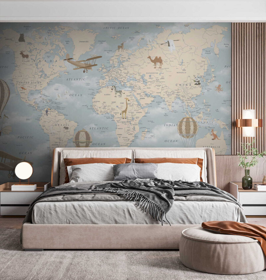 Papier peint Carte du monde avec différents animaux et oiseaux – Image 2