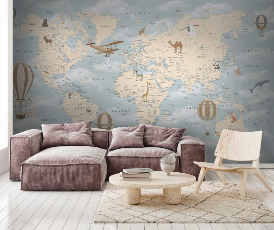 Papier peint Carte du monde avec différents animaux et oiseaux – Image 3