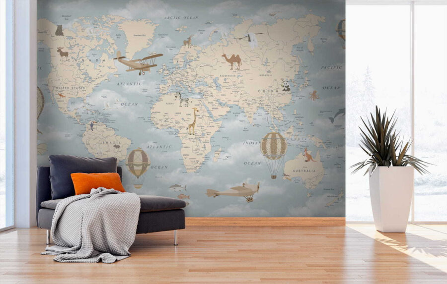 Papier peint Carte du monde avec différents animaux et oiseaux