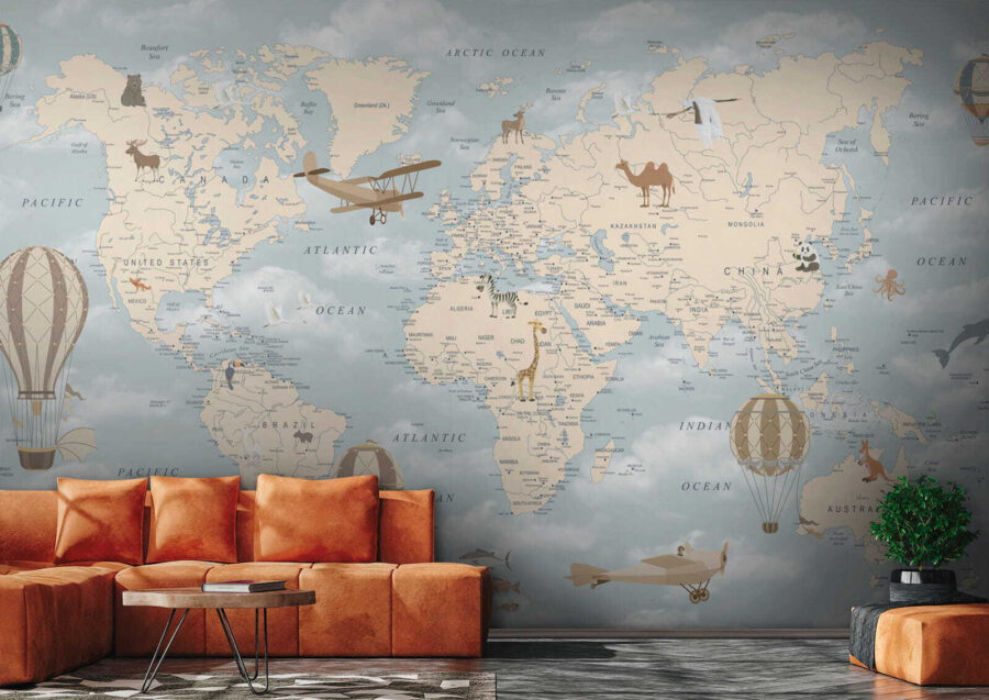 Papier peint Carte du monde avec différents animaux et oiseaux – Image 5