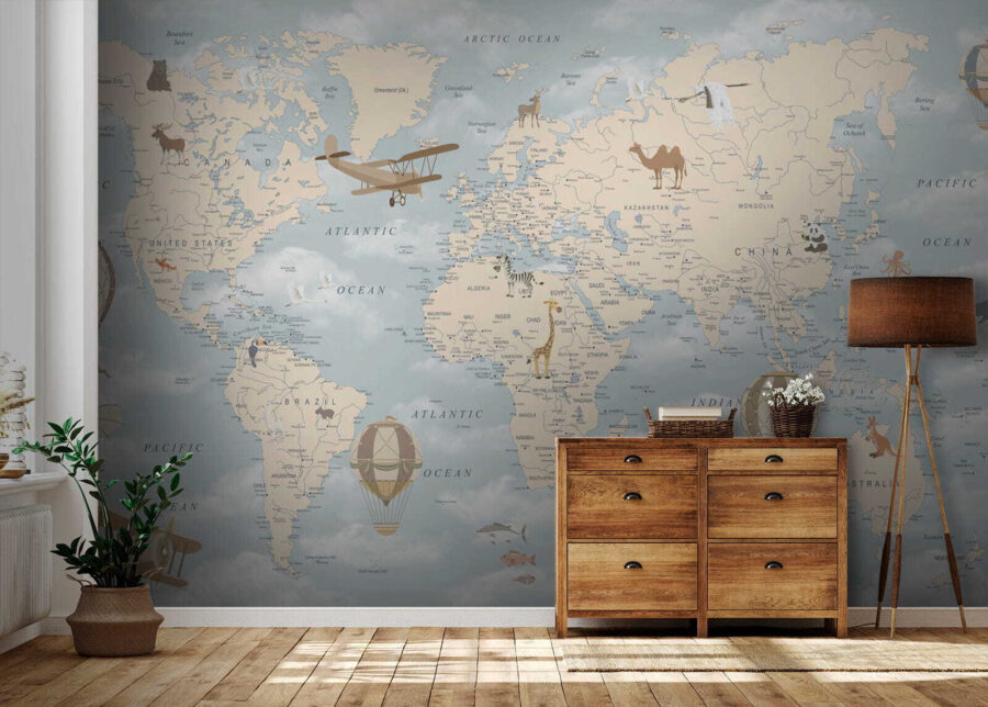 Papier peint Carte du monde avec différents animaux et oiseaux – Image 6