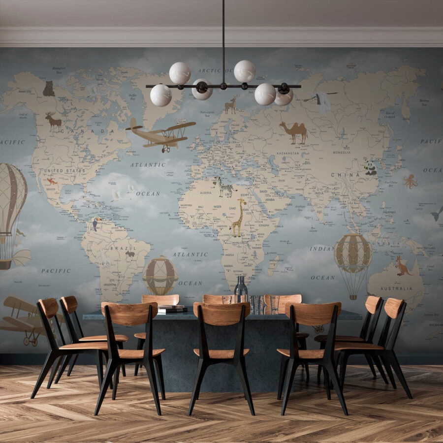 Papier peint Carte du monde avec différents animaux et oiseaux – Image 7