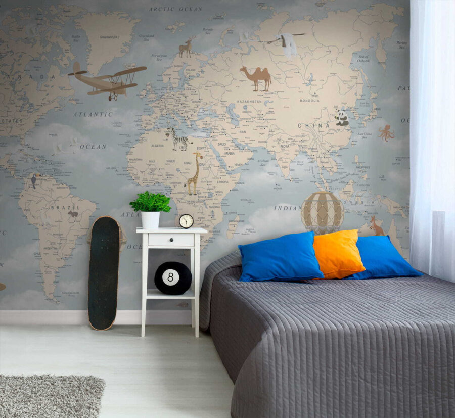 Papier peint Carte du monde avec différents animaux et oiseaux – Image 8