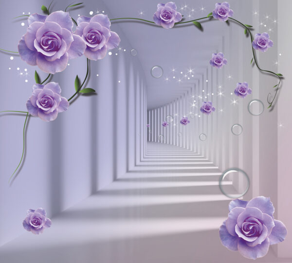 Papier peint avec des roses violettes et un escalier Papier peint avec des roses violettes et un escalier