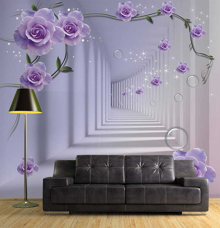 Papier peint avec des roses violettes et un escalier Papier peint avec des roses violettes et un escalier
