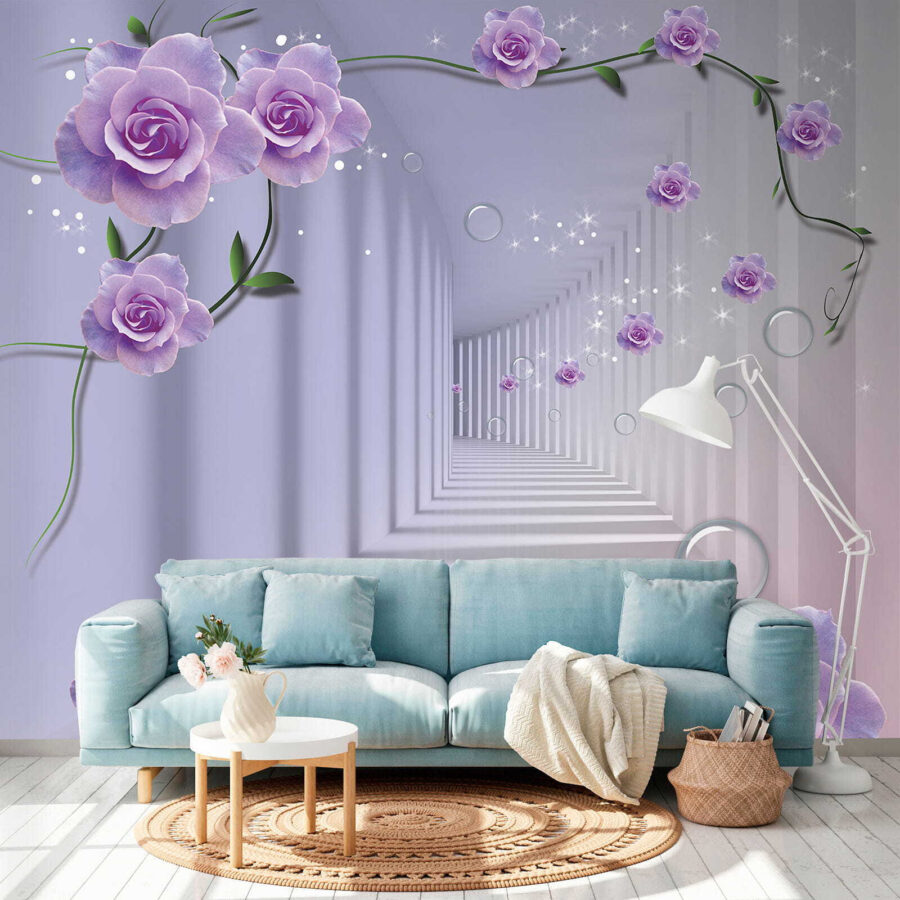Papier peint avec des roses violettes et un escalier Papier peint avec des roses violettes et un escalier