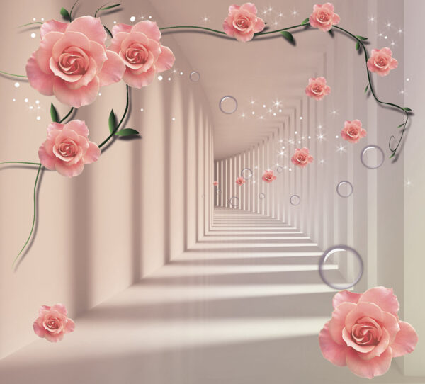 Papier peint avec des roses roses et des escaliers blancs Papier peint avec des roses roses et des escaliers blancs