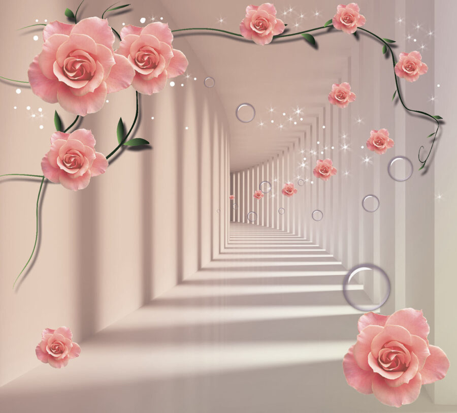 Papier peint avec des roses roses et des escaliers blancs