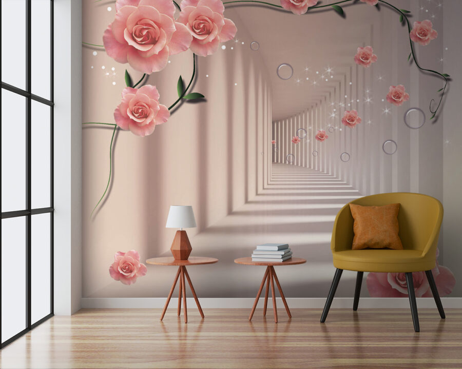 Papier peint avec des roses roses et des escaliers blancs