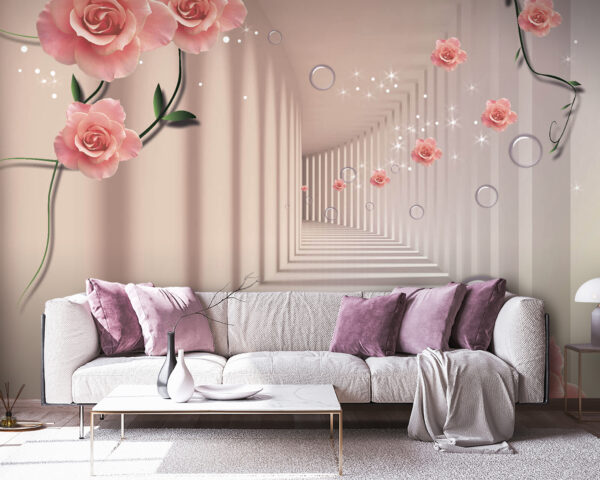 Papier peint avec des roses roses et des escaliers blancs Papier peint avec des roses roses et des escaliers blancs